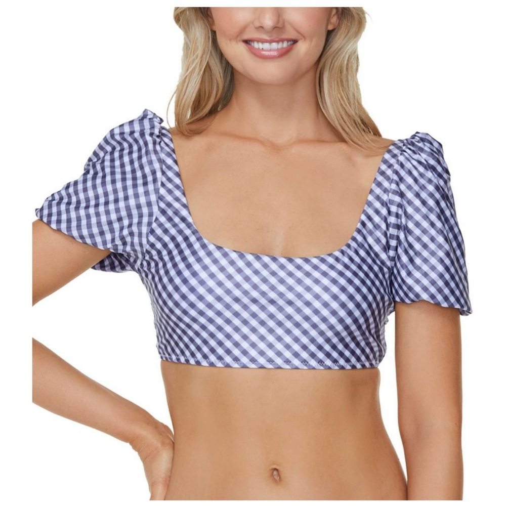 Raisins Paris Gingham Puff-Sleeve Bikini Top Blue and White New With Tags Small
